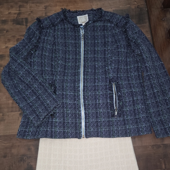 Sail to Sable Multi-Color Tweed Blazer // Preppy Fringe Zip Jacket XL - Picture 8 of 9